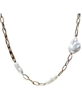 Elegant Baroque Faux Pearl Necklace Gold Tone Chain Artisan Fashion Jewelry